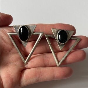 VINTAGE 925 Sterling Mexico modernist AIS signed triangle onyx pierce earrings